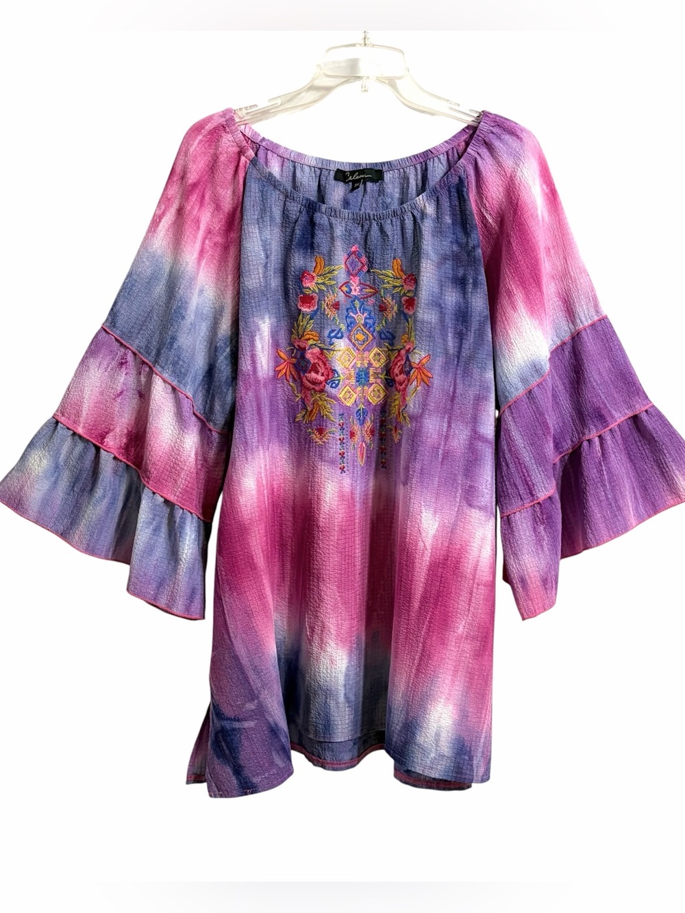 Calessa Tie Dye Embroidered Boho Peasant Top Women 3X Tiered Bell Sleeves Floral